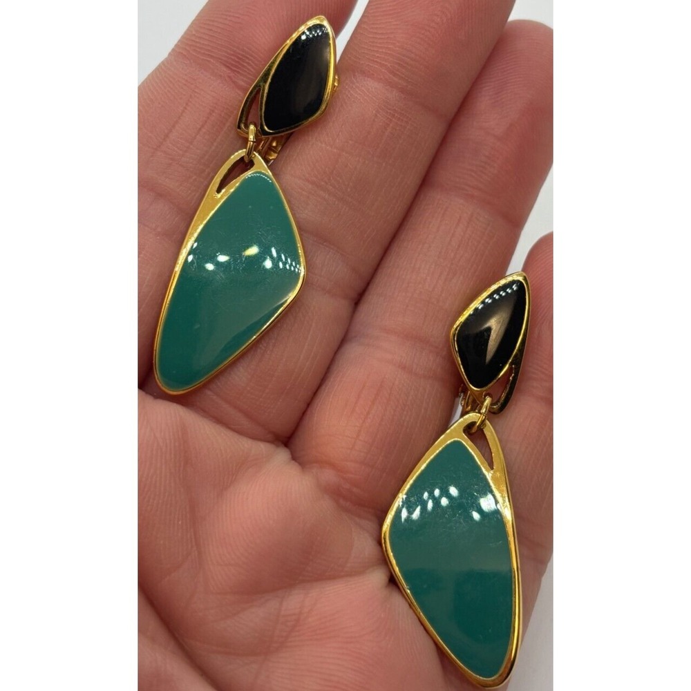 Vintage Earrings 1980s Style Geometric Enamel Green and Black Post